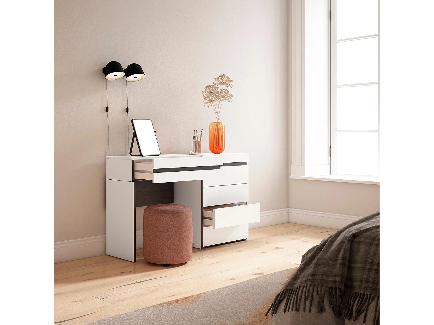 Kaptafel, Make-uptafel, 127x35x75cm, Met lade, Ladekast, Commode, Wit