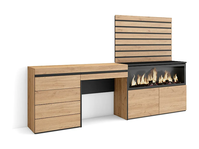 Tavolo da toeletta, 234x35x145cm, Con cassetto, Camino elettrico XXL, Cassettiera, Pannelli Decorativi, Rovere