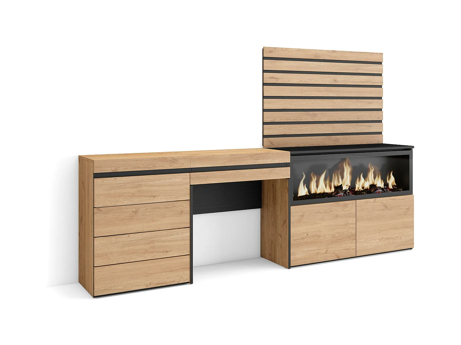 Coiffeuse, 234x35x145 cm, Avec tiroir, Cheminée électrique XXL, Commode, Buffet, Panneaux Muraux en Bois, Chêne