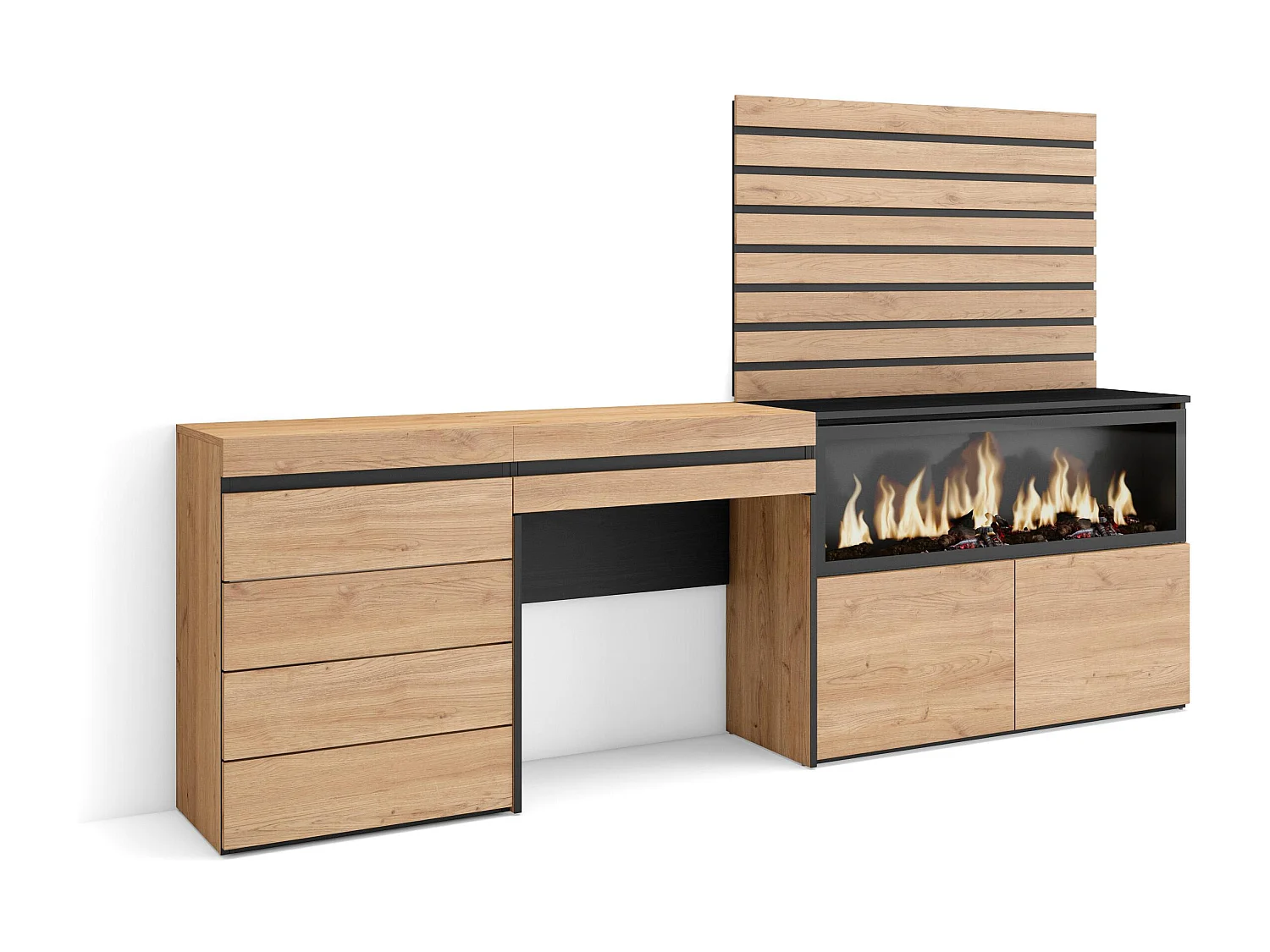 Coiffeuse, 234x35x145cm, avec tiroir, Cheminée électrique XXL, Commode, Buffet, Panneaux Muraux en Bois, Chêne