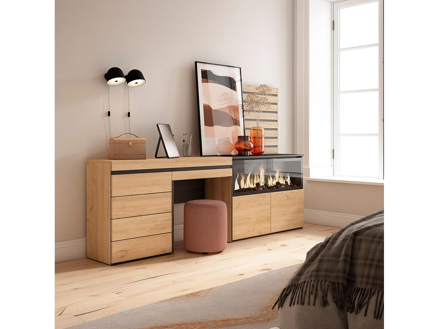 Coiffeuse, 234x35x145cm, avec tiroir, Cheminée électrique XXL, Commode, Buffet, Panneaux Muraux en Bois, Chêne