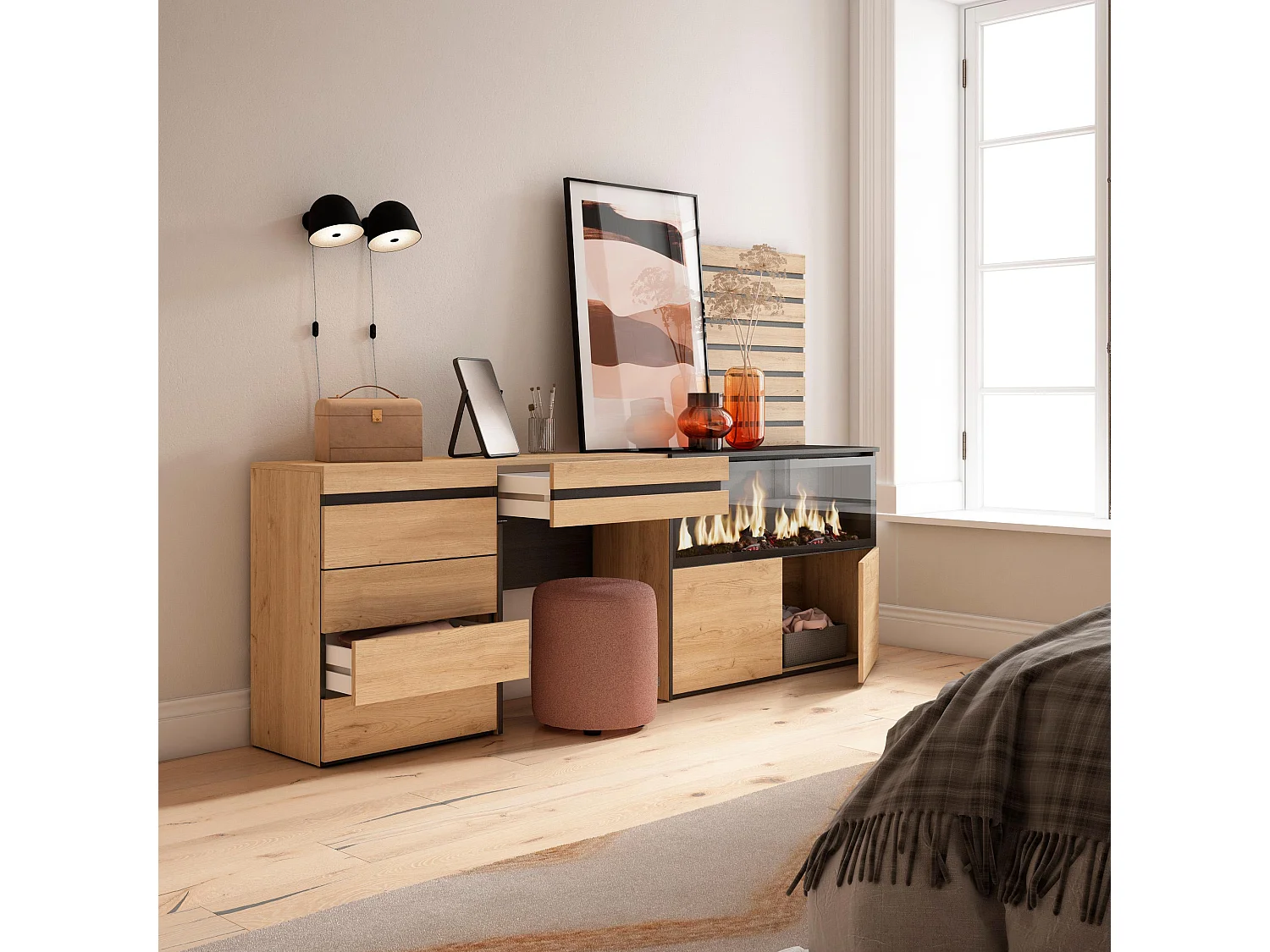 Coiffeuse, 234x35x145cm, avec tiroir, Cheminée électrique XXL, Commode, Buffet, Panneaux Muraux en Bois, Chêne