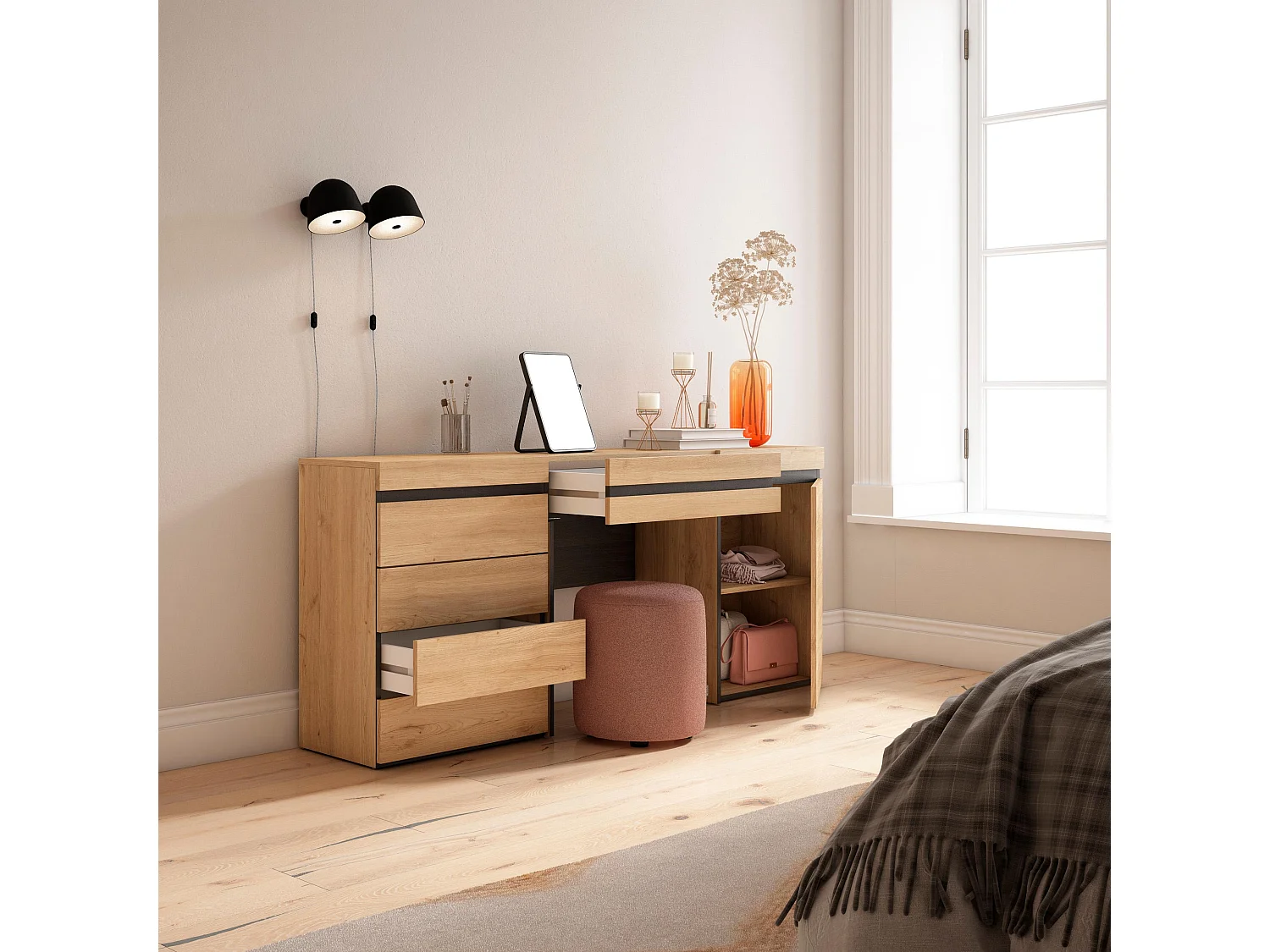 Kaptafel, Make-uptafel, 177x35x75cm, Met lade, Ladekast, Commode, Eiken