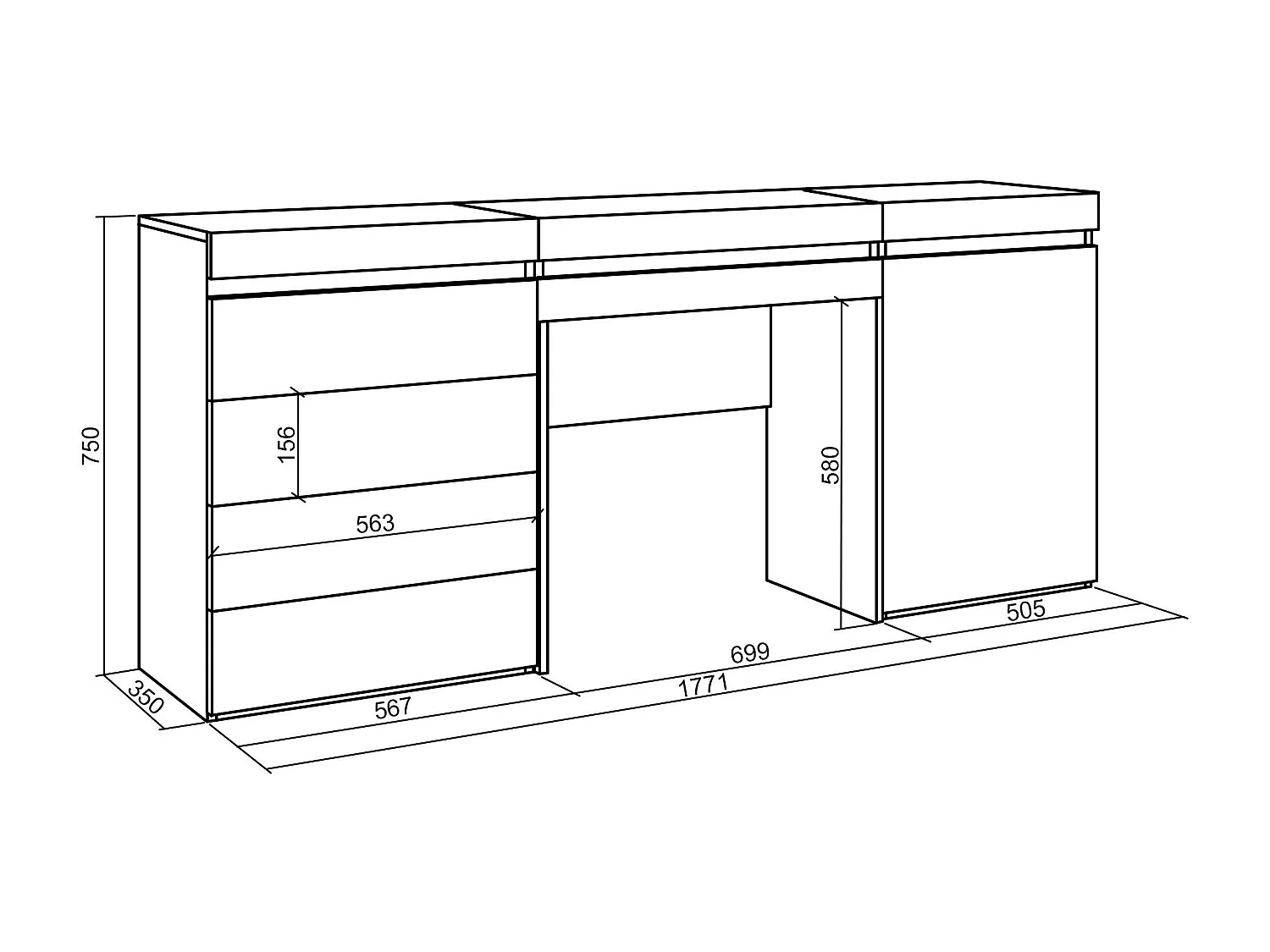 Kaptafel, Make-uptafel, 177x35x75cm, Met lade, Ladekast, Commode, Eiken