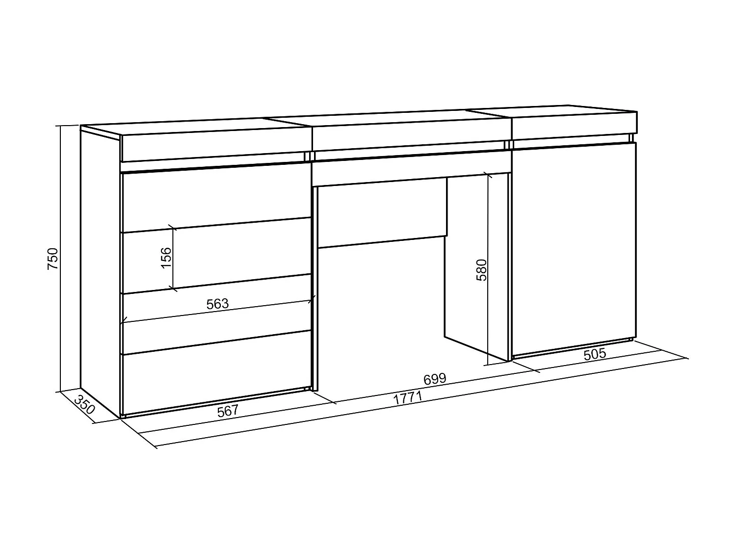 Coiffeuse, 177x35x75 cm, Avec tiroir, Commode, Buffet, Chêne