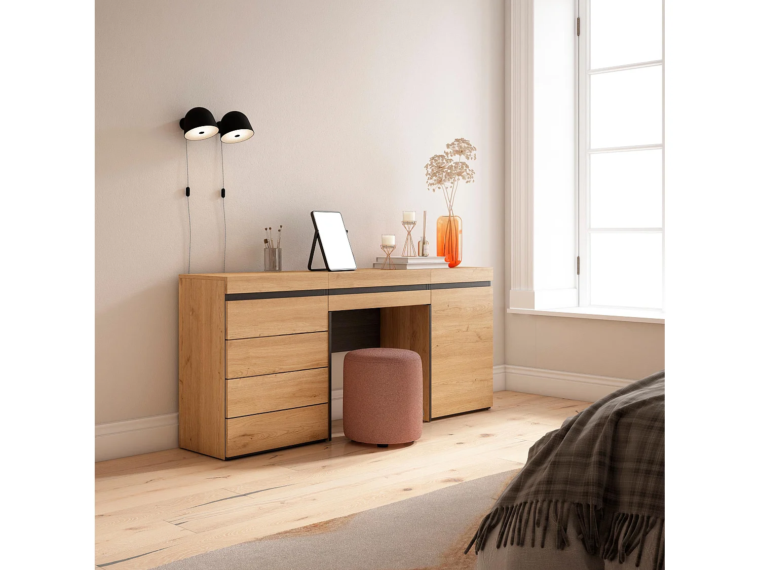 Coiffeuse, 177x35x75cm, avec tiroir, Commode, Buffet, Chêne