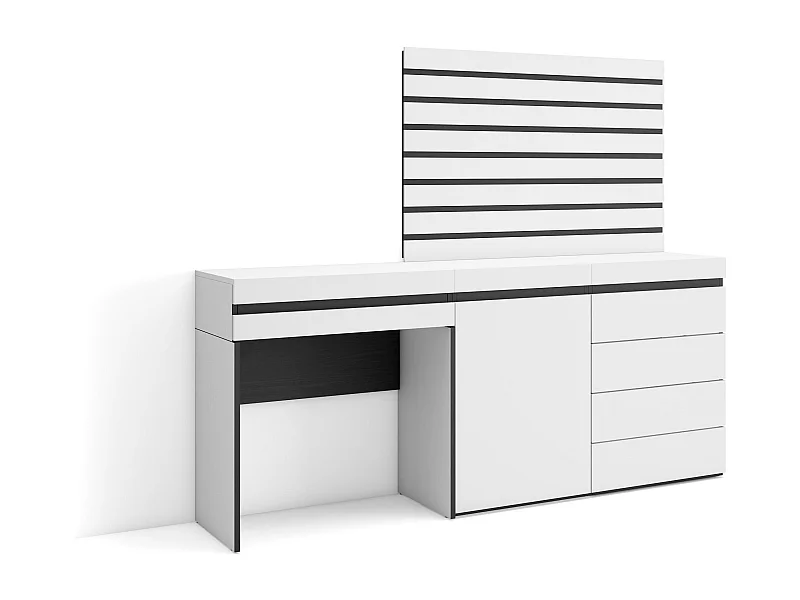 Coiffeuse, 177x35x145 cm, Avec tiroir, Commode, Buffet, Panneaux Muraux en Bois, Blanc