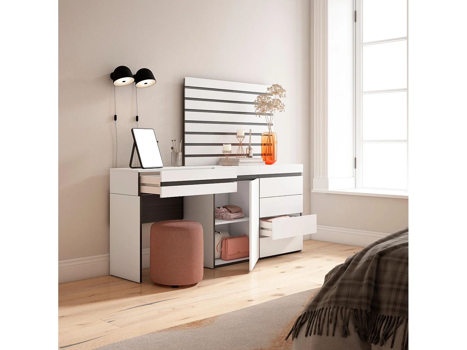 Coiffeuse, 177x35x145 cm, Avec tiroir, Commode, Buffet, Panneaux Muraux en Bois, Blanc