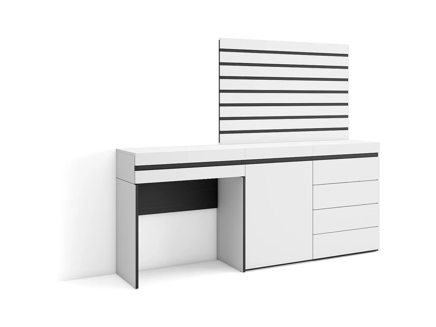 Coiffeuse, 177x35x145 cm, Avec tiroir, Commode, Buffet, Panneaux Muraux en Bois, Blanc