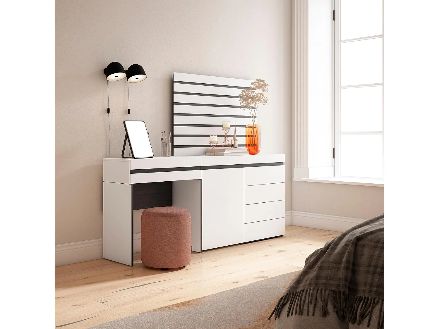 Tocador, 177x35x145cm, Con cajón, Cómoda, Cajonera, Listones Decorativos, Blanco