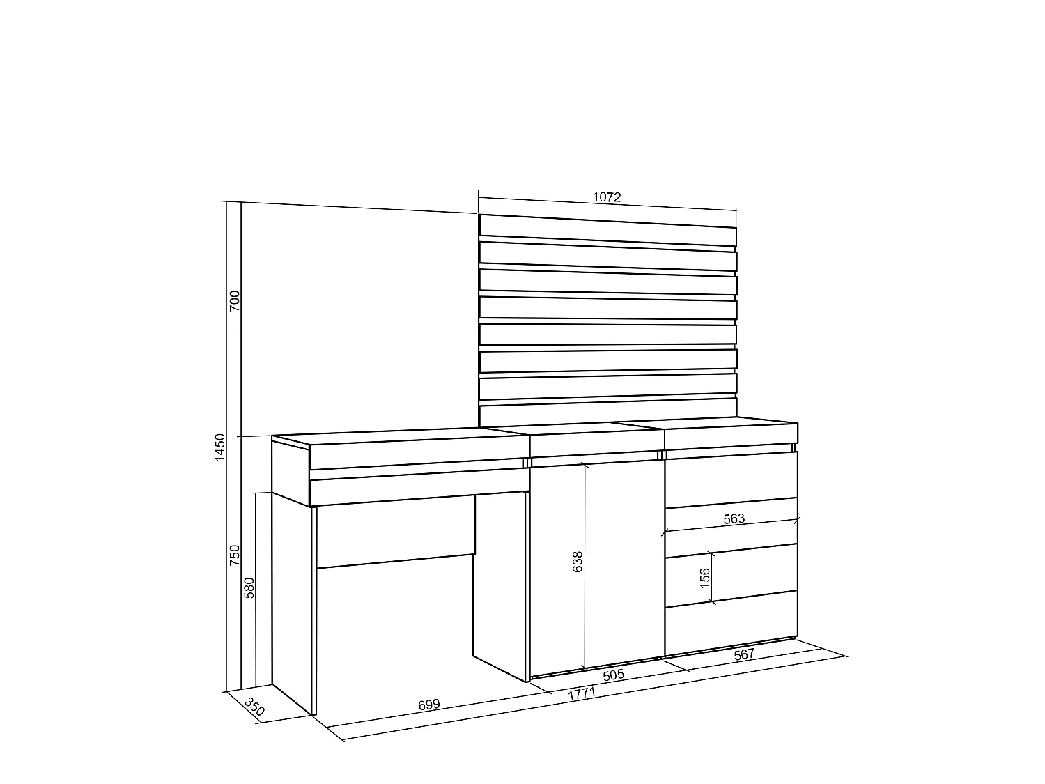 Tocador, 177x35x145cm, Con cajón, Cómoda, Cajonera, Listones Decorativos, Blanco