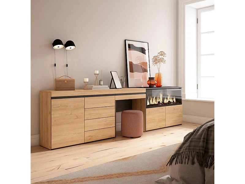 Coiffeuse, 284x35x75 cm, Avec tiroir, Cheminée électrique XXL, Commode, Buffet, Chêne