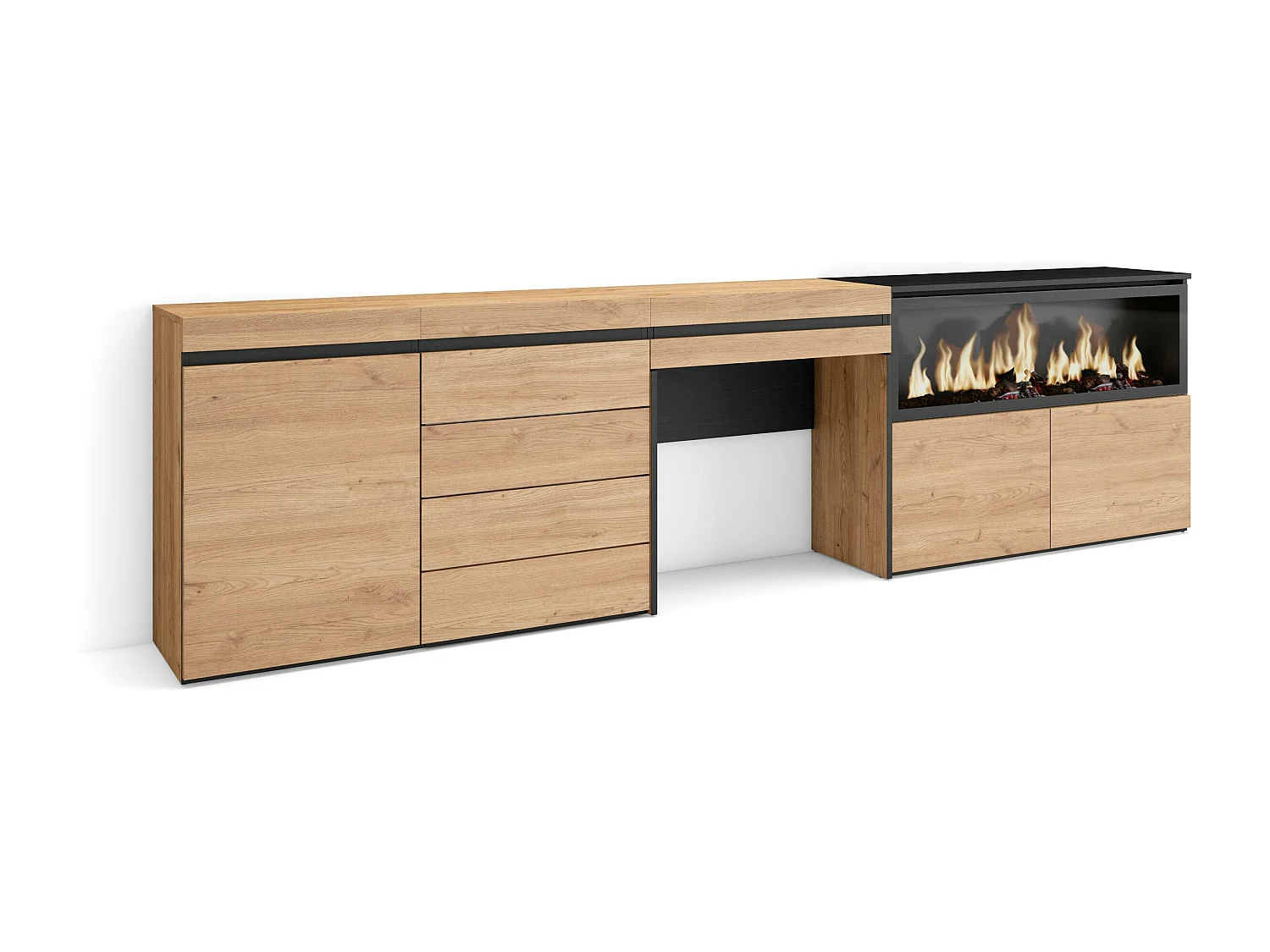 Toucador, 284x35x75cm, Com gaveta, Lareira eléctrica XXL, Cómoda, Carvalho