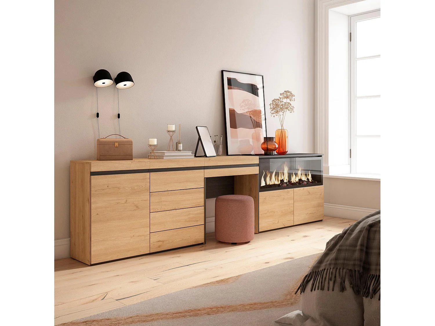 Coiffeuse, 284x35x75 cm, Avec tiroir, Cheminée électrique XXL, Commode, Buffet, Chêne