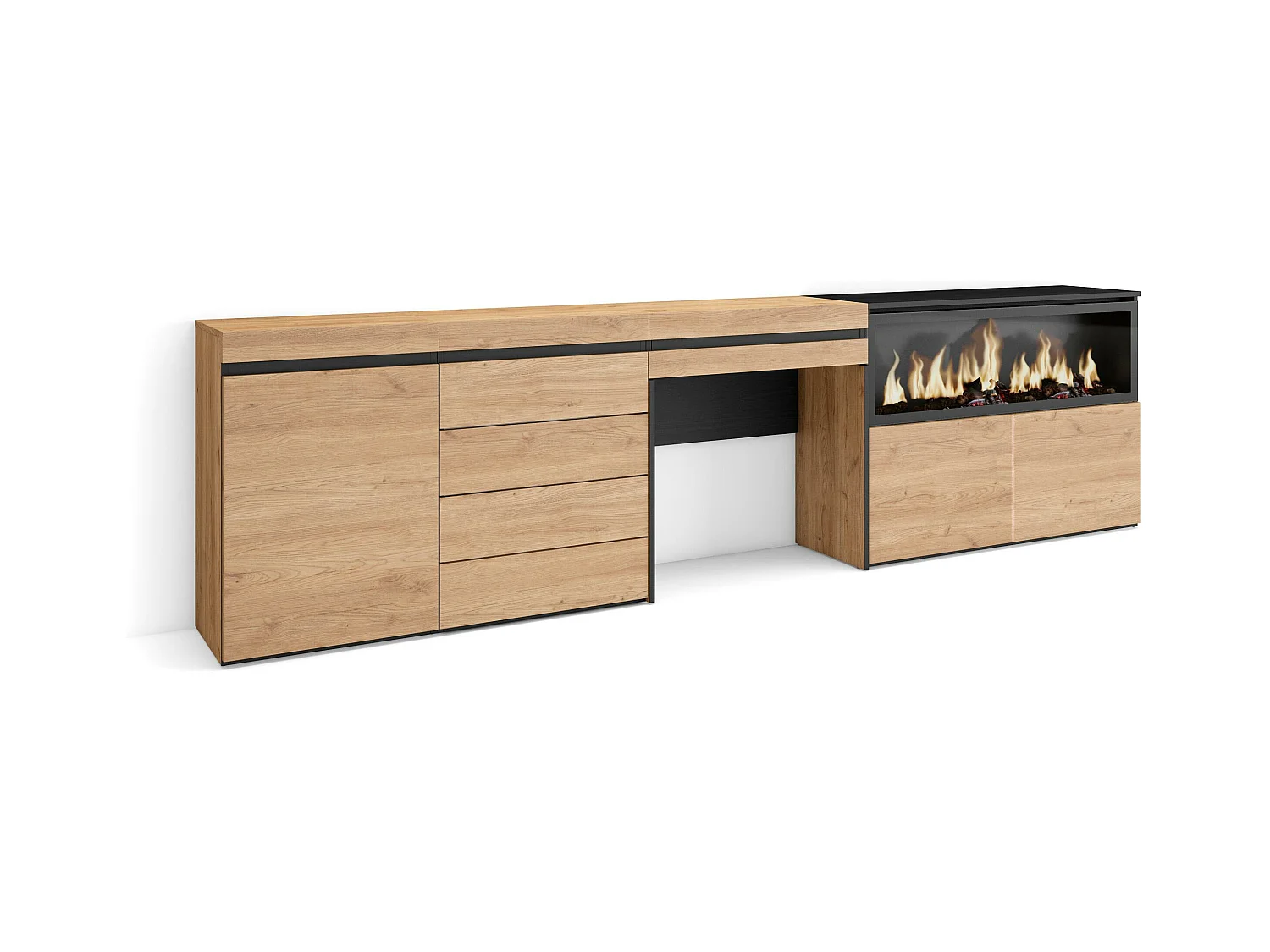 Coiffeuse, 284x35x75 cm, Avec tiroir, Cheminée électrique XXL, Commode, Buffet, Chêne