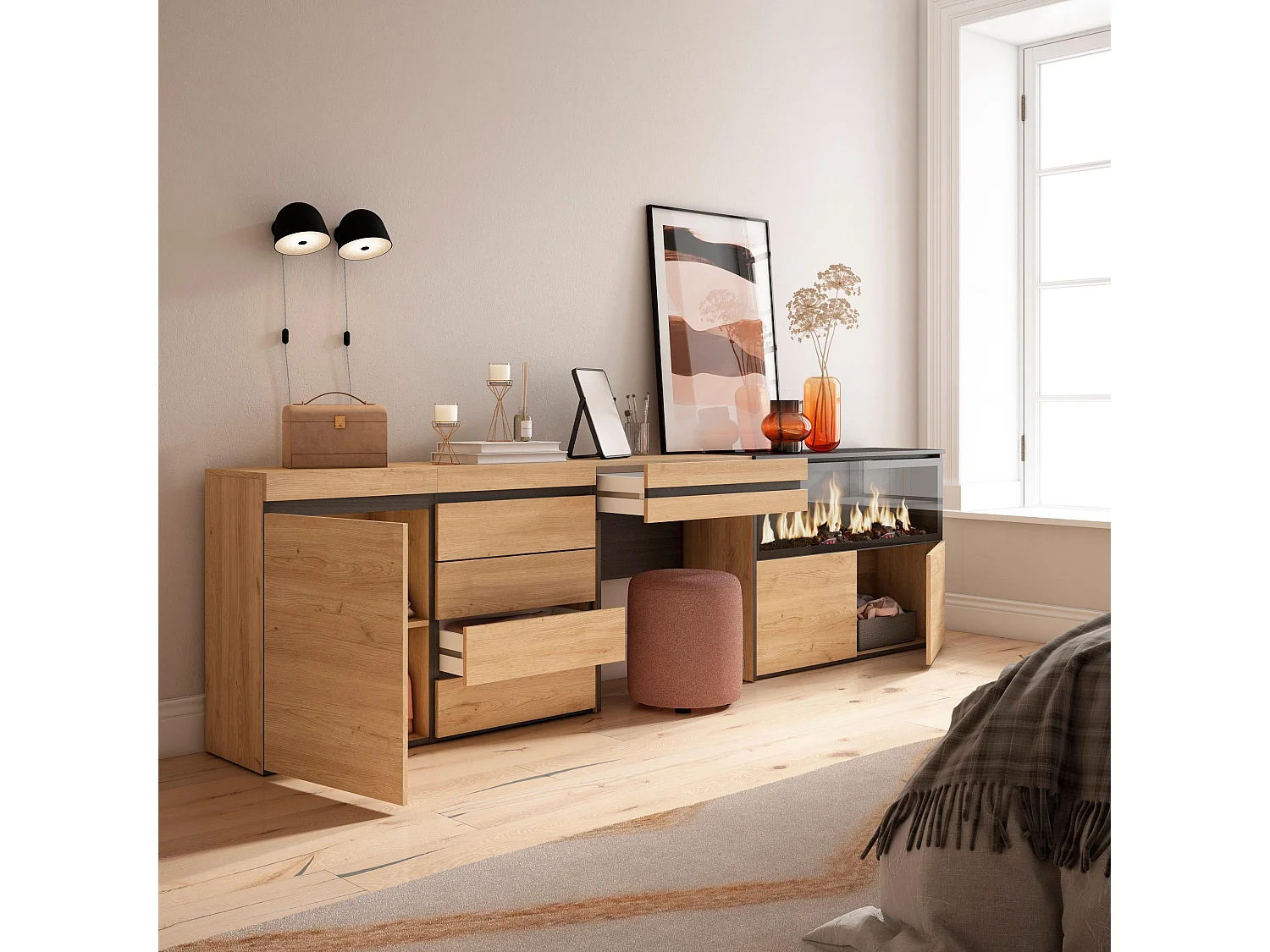 Kaptafel, Make-uptafel, 284x35x75cm, Met lade, Elektrische haard XXL, Ladekast, Commode, Eiken