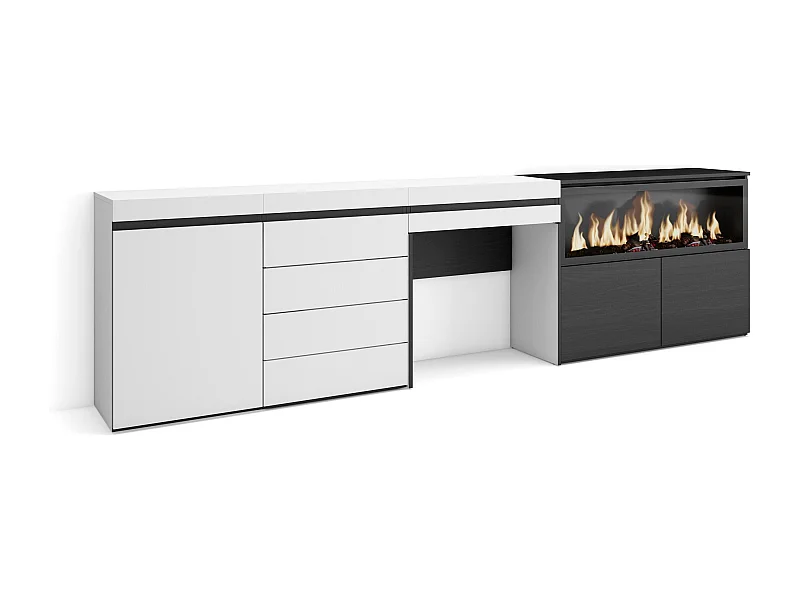 Kaptafel, Make-uptafel, 284x35x75cm, Met lade, Elektrische haard XXL, Ladekast, Commode, Wit