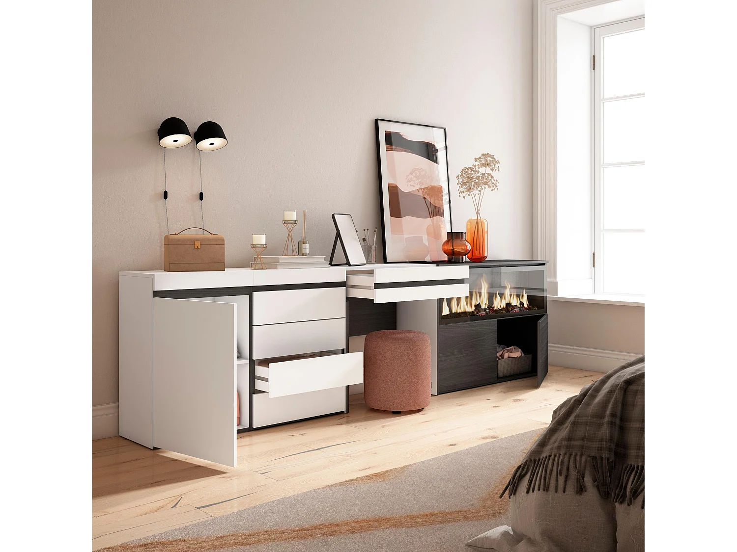 Coiffeuse, 284x35x75 cm, Avec tiroir, Cheminée électrique XXL, Commode, Buffet, Blanc