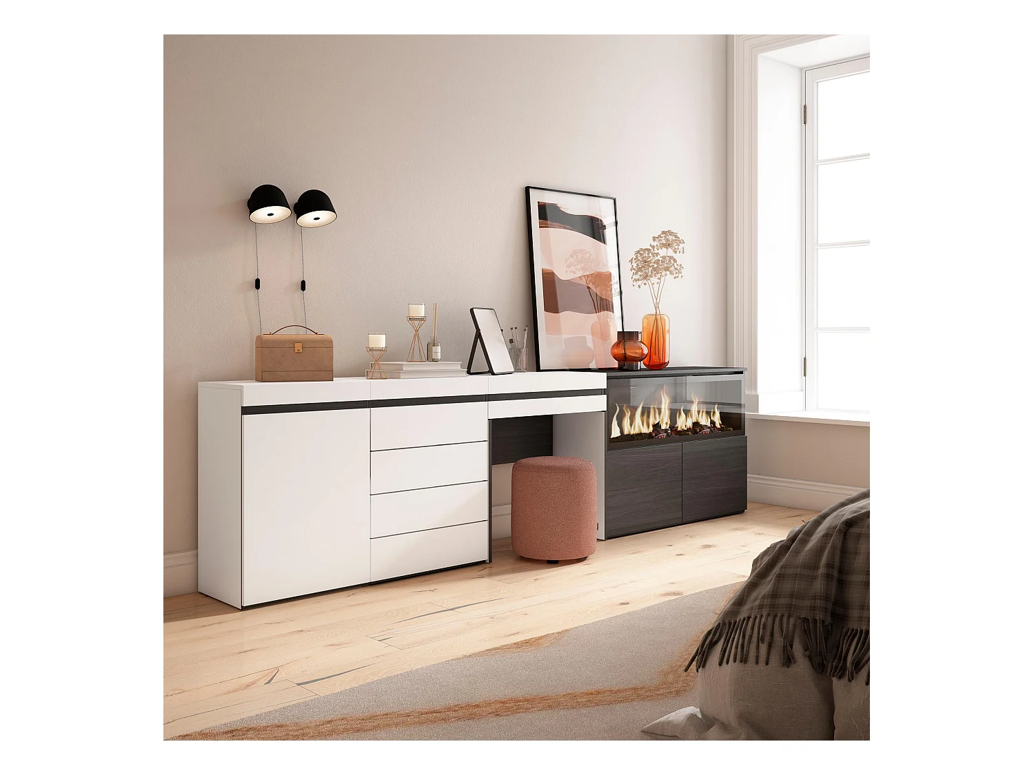 Coiffeuse, 284x35x75 cm, Avec tiroir, Cheminée électrique XXL, Commode, Buffet, Blanc