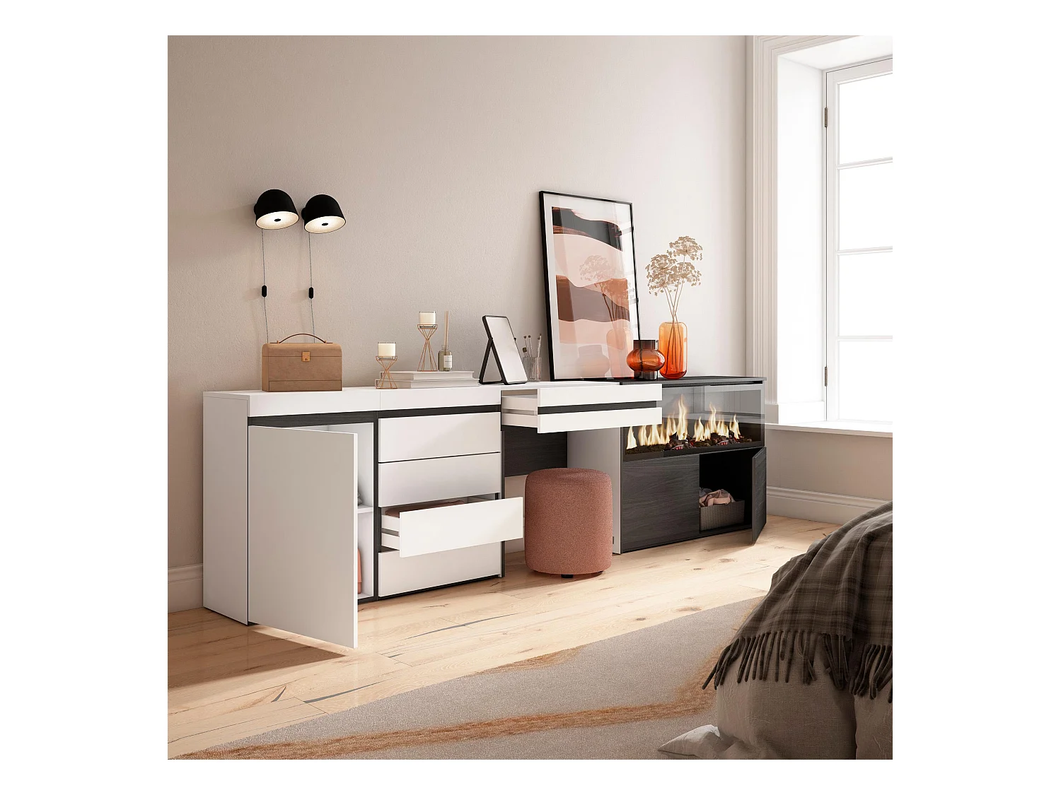 Coiffeuse, 284x35x75 cm, Avec tiroir, Cheminée électrique XXL, Commode, Buffet, Blanc