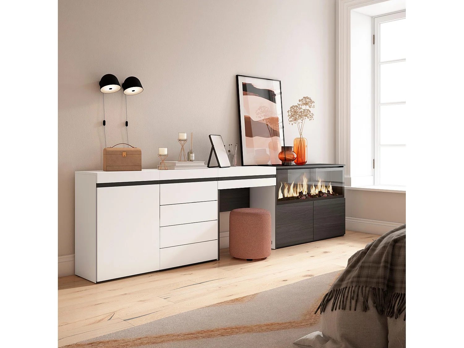 Kaptafel, Make-uptafel, 284x35x75cm, Met lade, Elektrische haard XXL, Ladekast, Commode, Wit