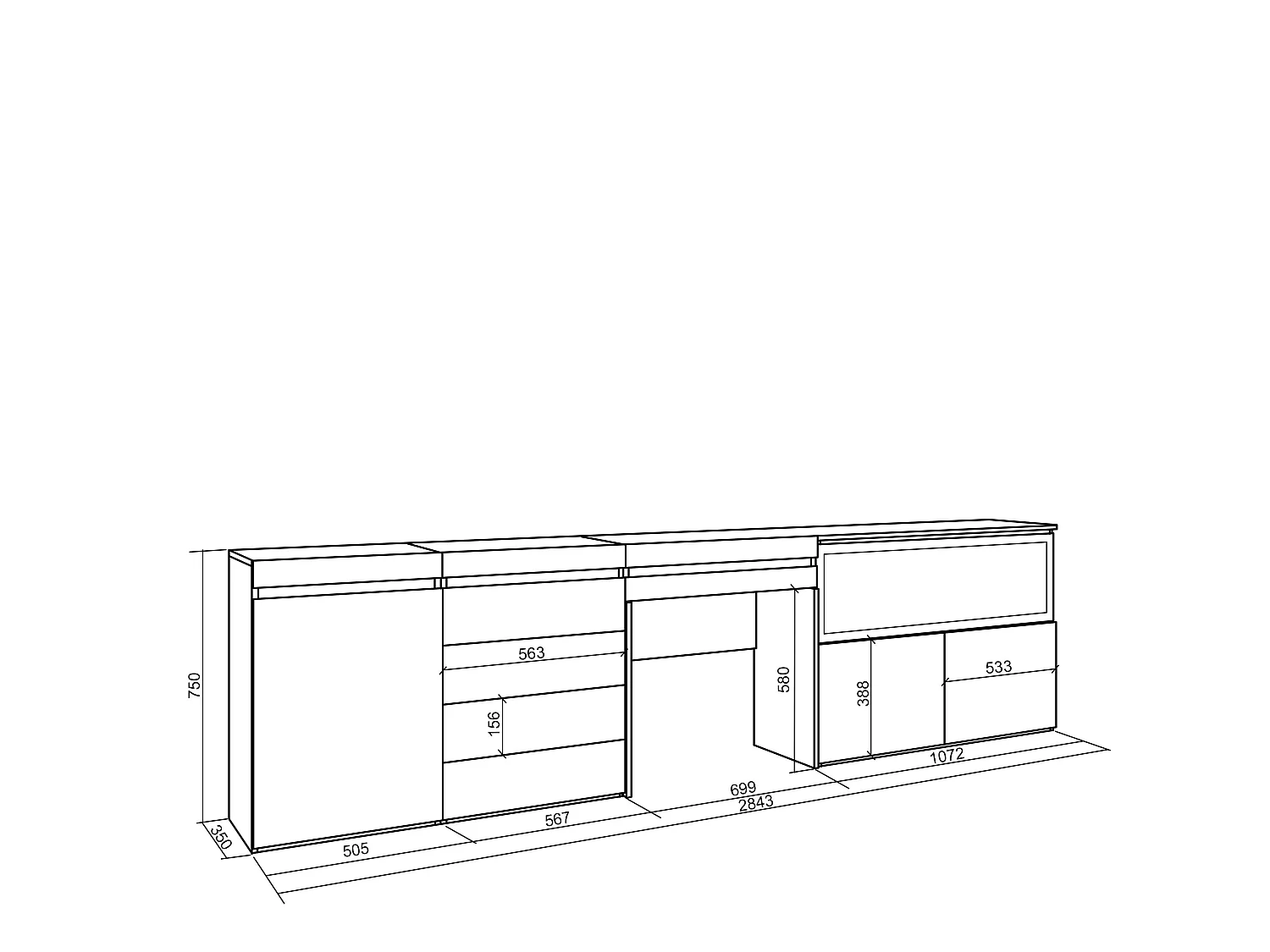 Kaptafel, Make-uptafel, 284x35x75cm, Met lade, Elektrische haard XXL, Ladekast, Commode, Wit