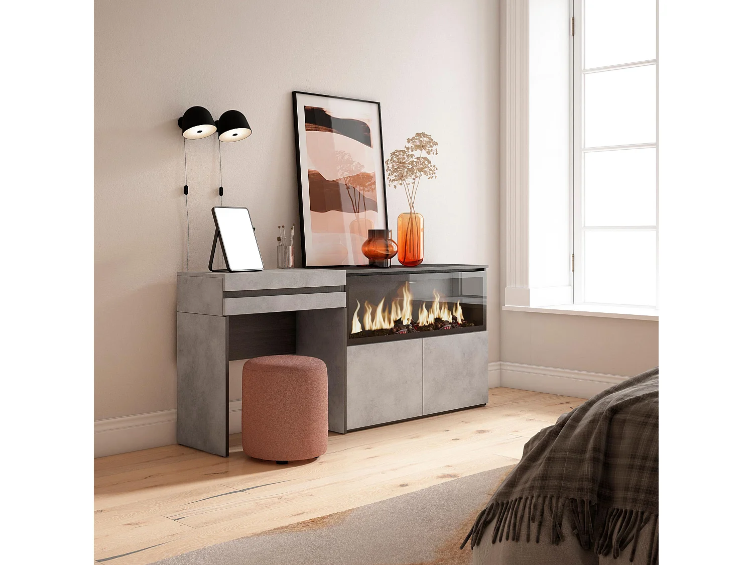 Coiffeuse, 177x35x75 cm, Avec tiroir, Cheminée électrique XXL, Ciment