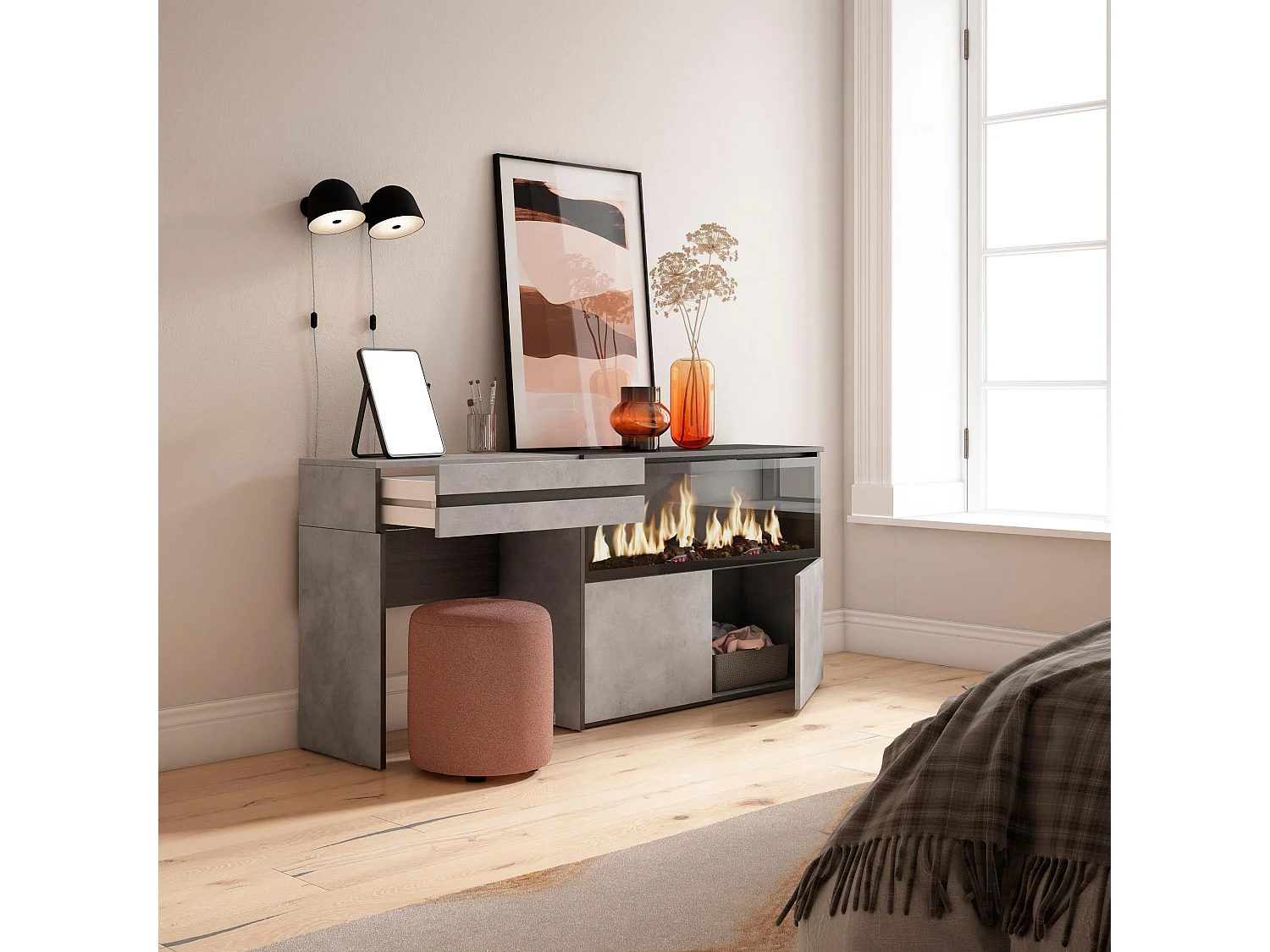 Coiffeuse, 177x35x75 cm, Avec tiroir, Cheminée électrique XXL, Ciment