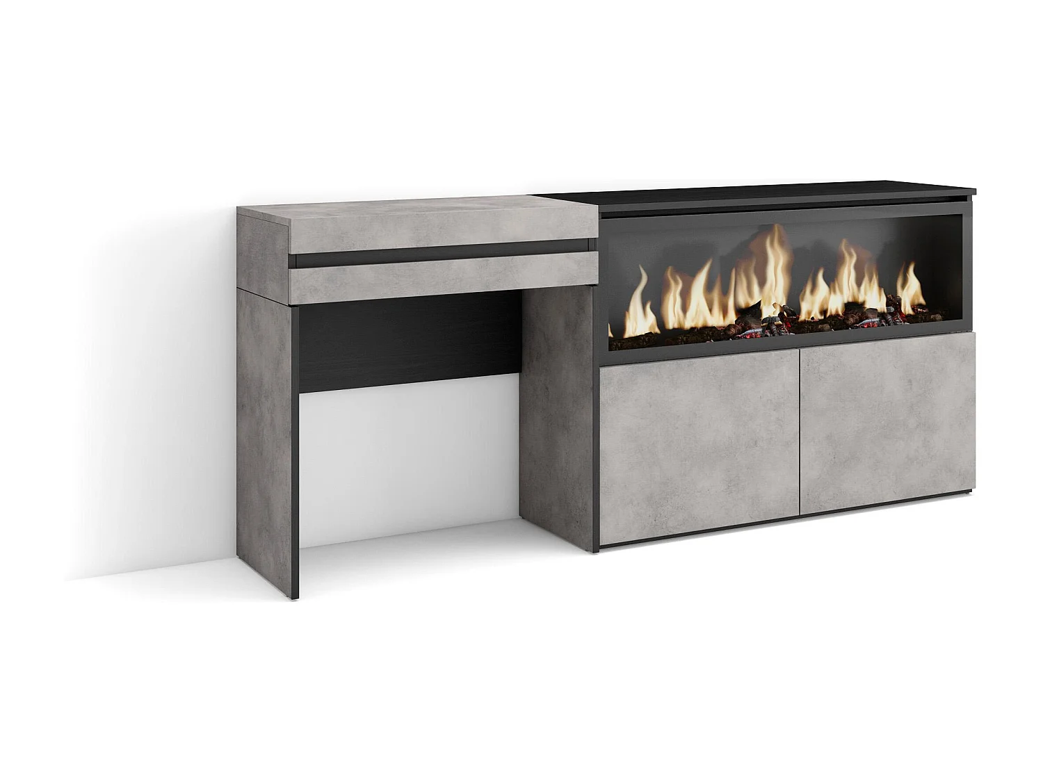 Schminktisch, 177x35x75cm, mit Schublade, Elektrokamin XXL, Zement