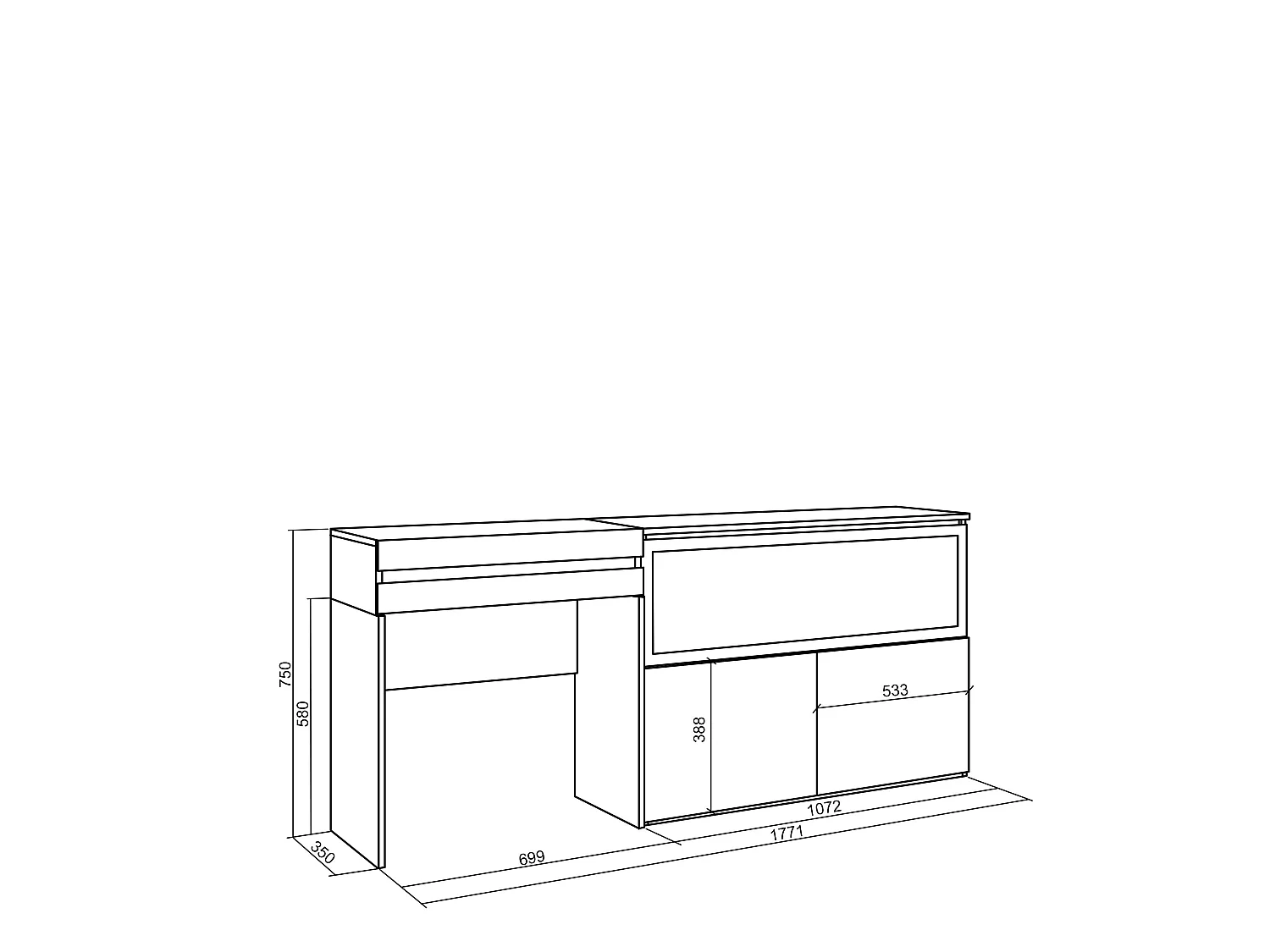 Schminktisch, 177x35x75cm, mit Schublade, Elektrokamin XXL, Zement