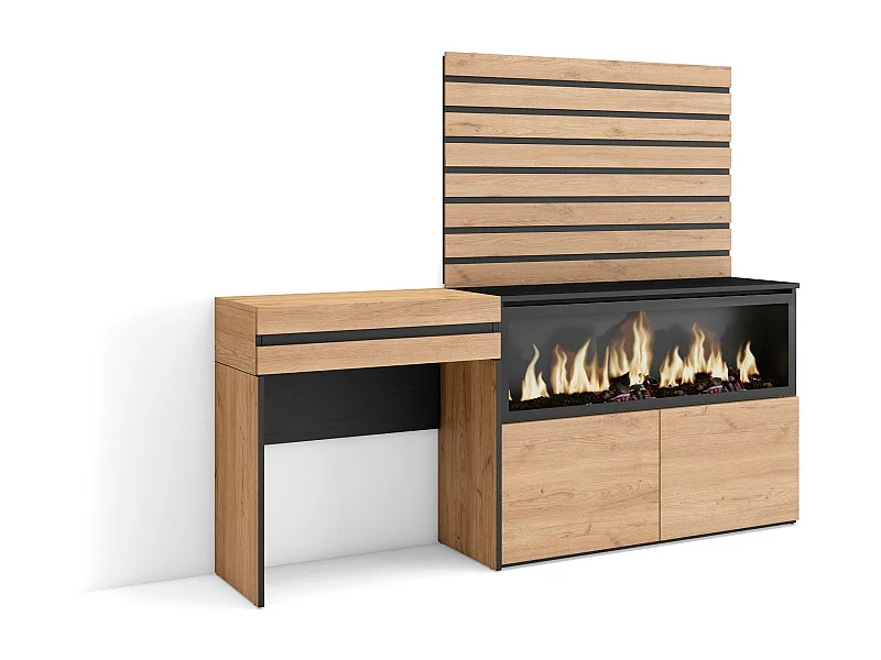 Schminktisch, 177x35x145cm, mit Schublade, Elektrokamin XXL, Lamellenwand Holz, Eiche