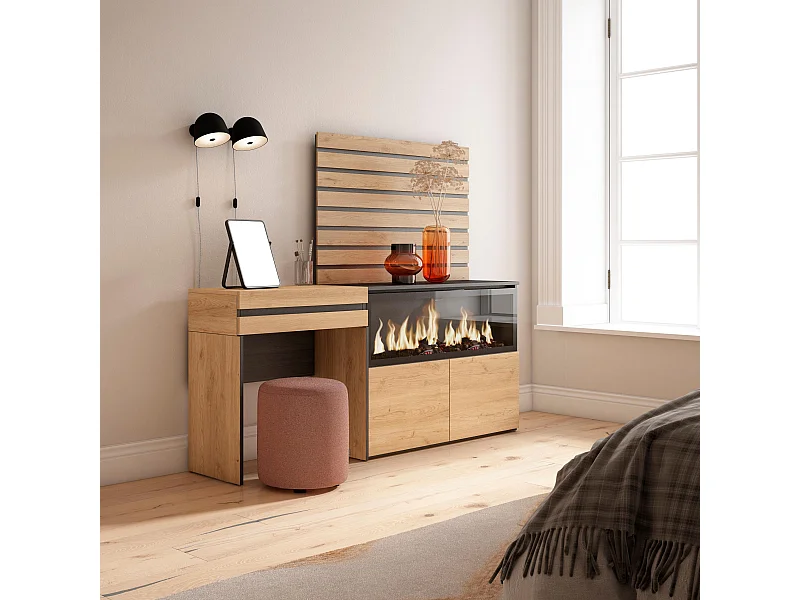 Coiffeuse, 177x35x145 cm, Avec tiroir, Cheminée électrique XXL, Panneaux Muraux en Bois, Chêne