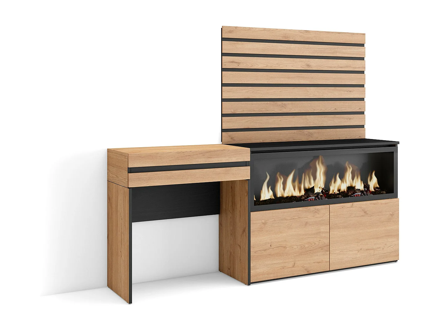 Schminktisch, 177x35x145cm, mit Schublade, Elektrokamin XXL, Lamellenwand Holz, Eiche