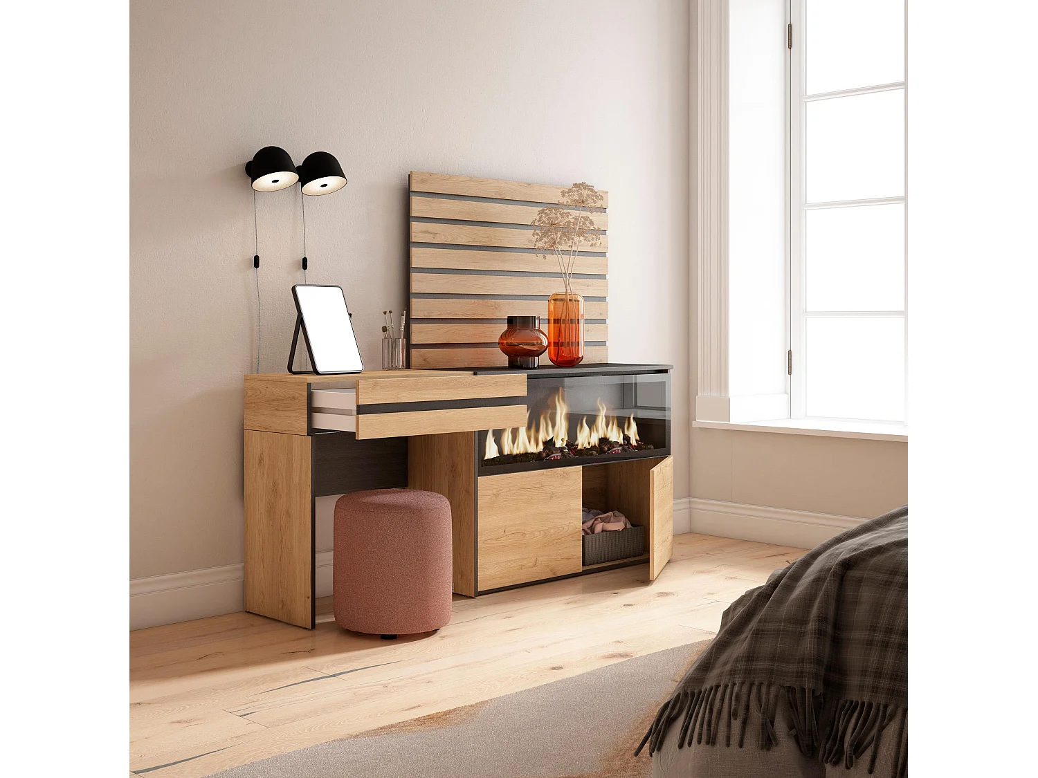 Schminktisch, 177x35x145cm, mit Schublade, Elektrokamin XXL, Lamellenwand Holz, Eiche