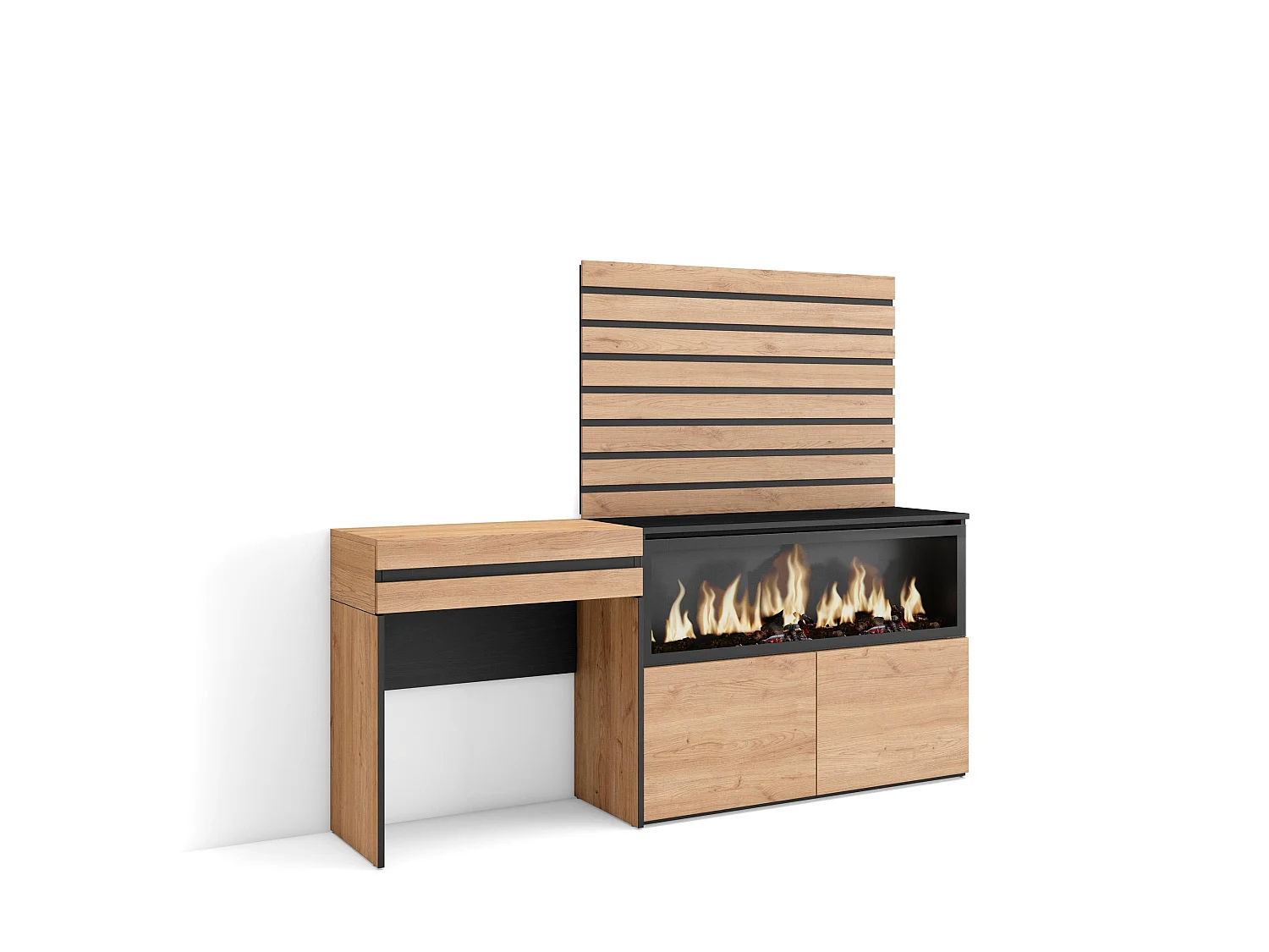 Coiffeuse, 177x35x145cm, avec tiroir, Cheminée électrique XXL, Panneaux Muraux en Bois, Chêne