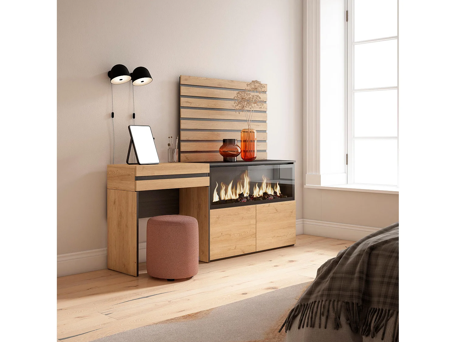 Coiffeuse, 177x35x145cm, avec tiroir, Cheminée électrique XXL, Panneaux Muraux en Bois, Chêne