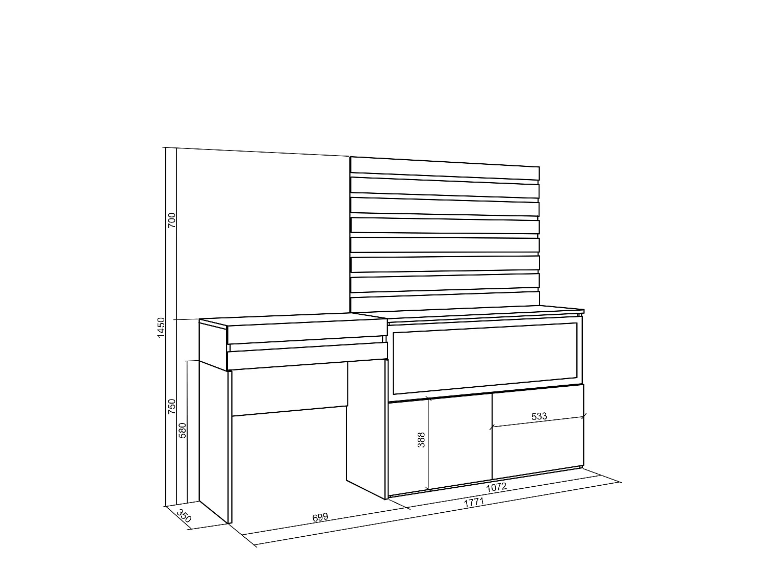 Coiffeuse, 177x35x145cm, avec tiroir, Cheminée électrique XXL, Panneaux Muraux en Bois, Chêne