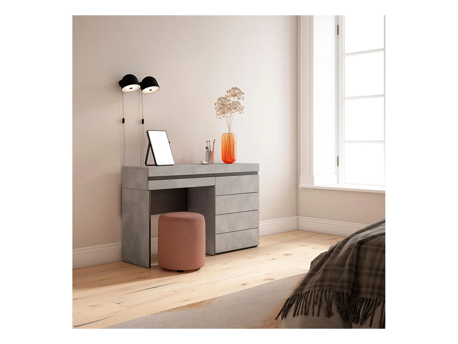 Coiffeuse, 127x35x75 cm, Avec tiroir, Commode, Buffet, Ciment