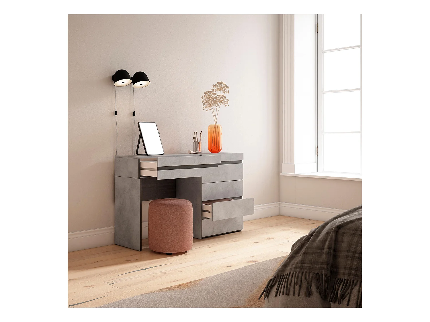 Coiffeuse, 127x35x75 cm, Avec tiroir, Commode, Buffet, Ciment