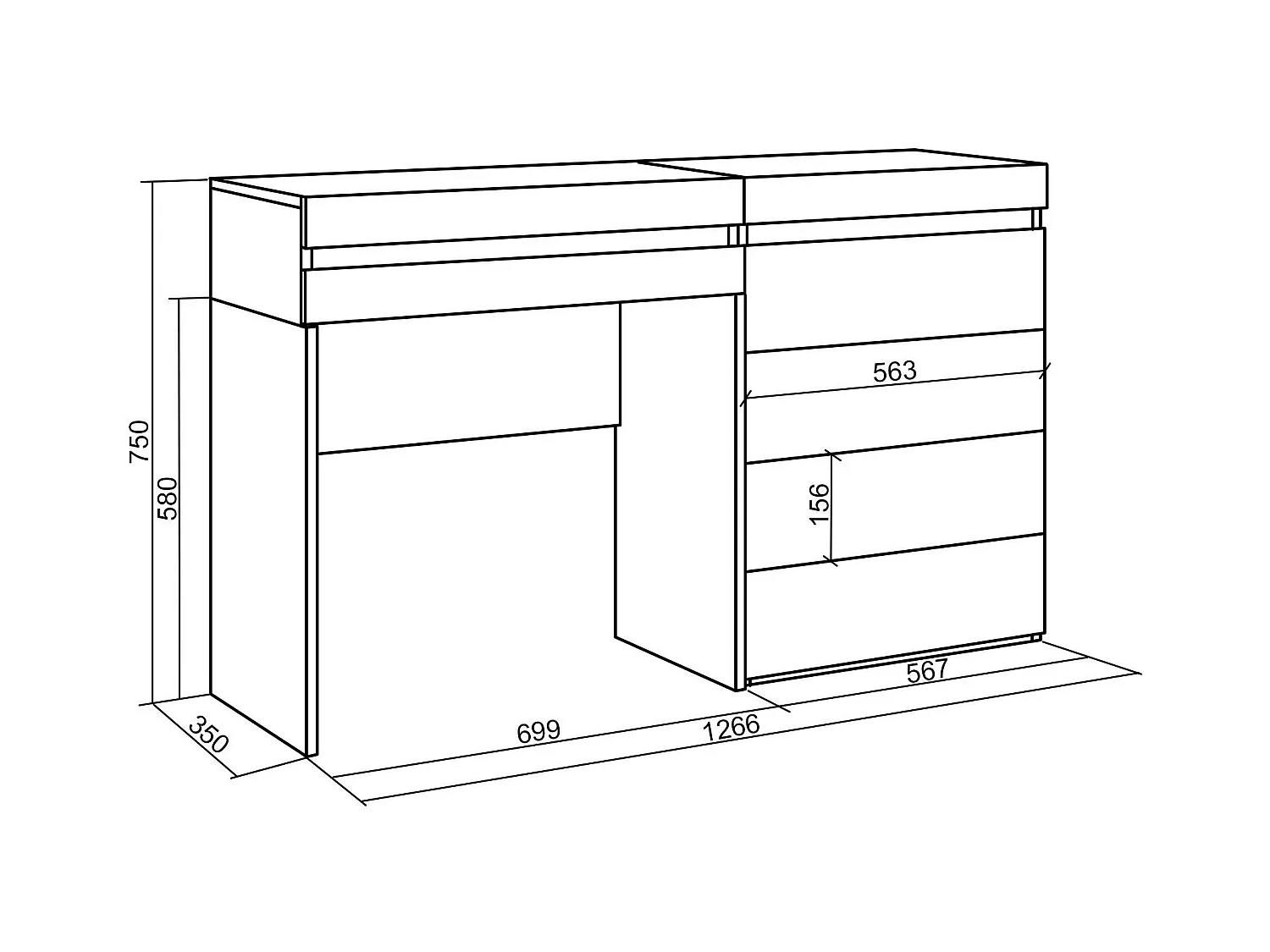 Coiffeuse, 127x35x75 cm, Avec tiroir, Commode, Buffet, Ciment