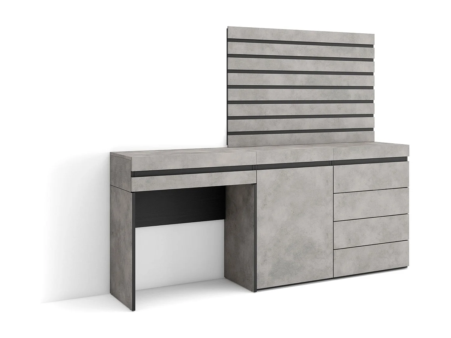 Schminktisch, 177x35x145cm, mit Schublade, Kommode mit Schubladen, Lamellenwand Holz, Zement