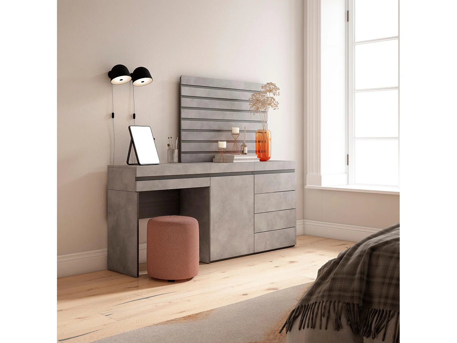 Coiffeuse, 177x35x145 cm, Avec tiroir, Commode, Buffet, Panneaux Muraux en Bois, Ciment