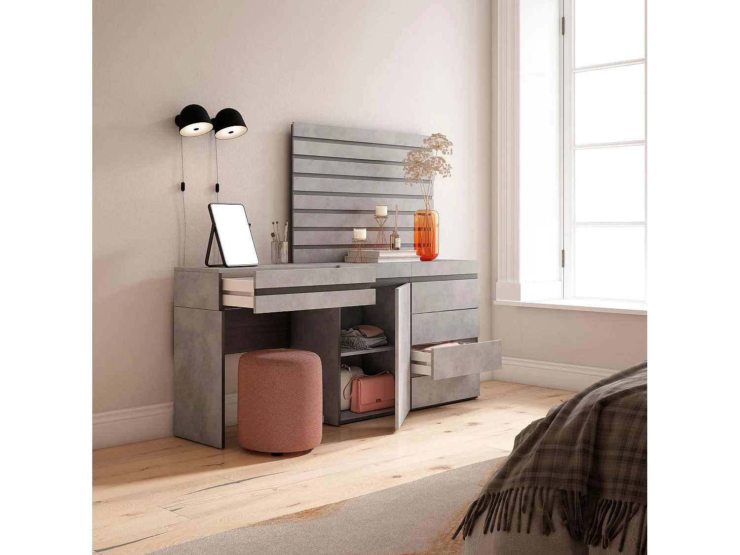 Kaptafel, Make-uptafel, 177x35x145cm, Met lade, Ladekast, Commode, Lamellenwand Hout, Cement