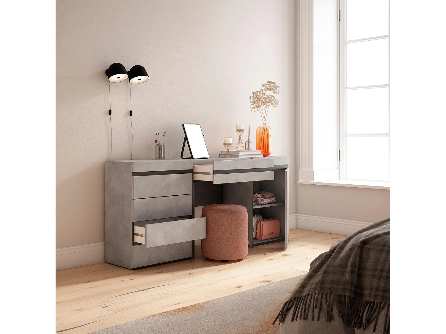 Schminktisch, 177x35x75cm, mit Schublade, Kommode mit Schubladen, Zement