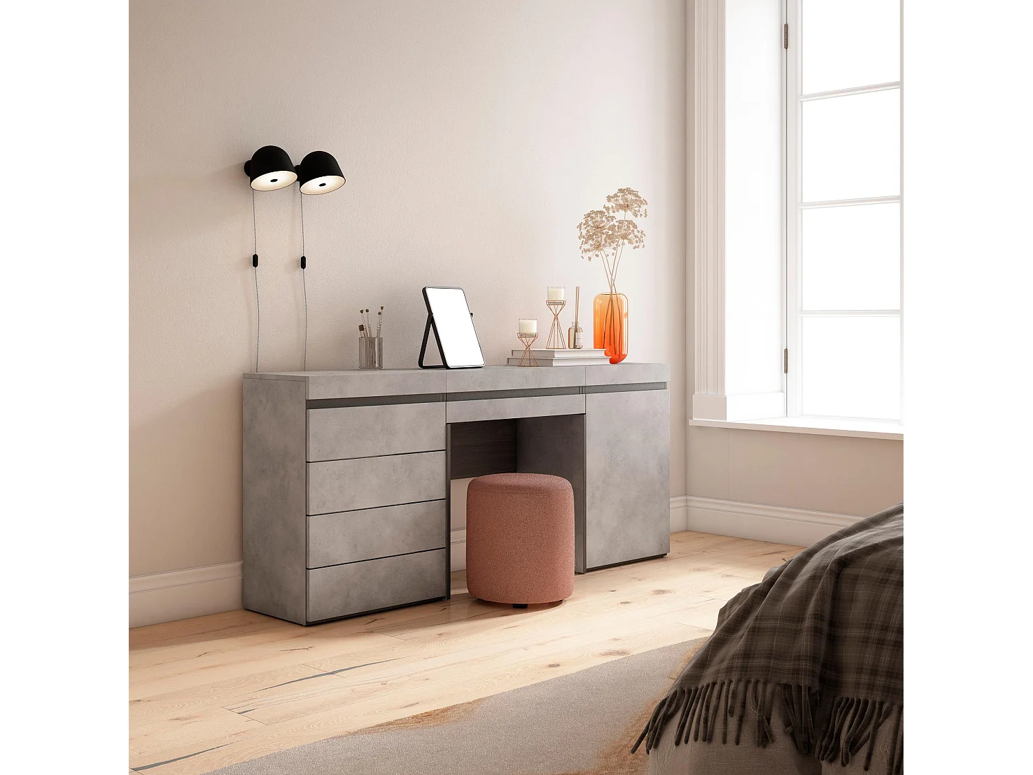 Tocador, 177x35x75cm, Con cajón, Cómoda, Cajonera, Cemento