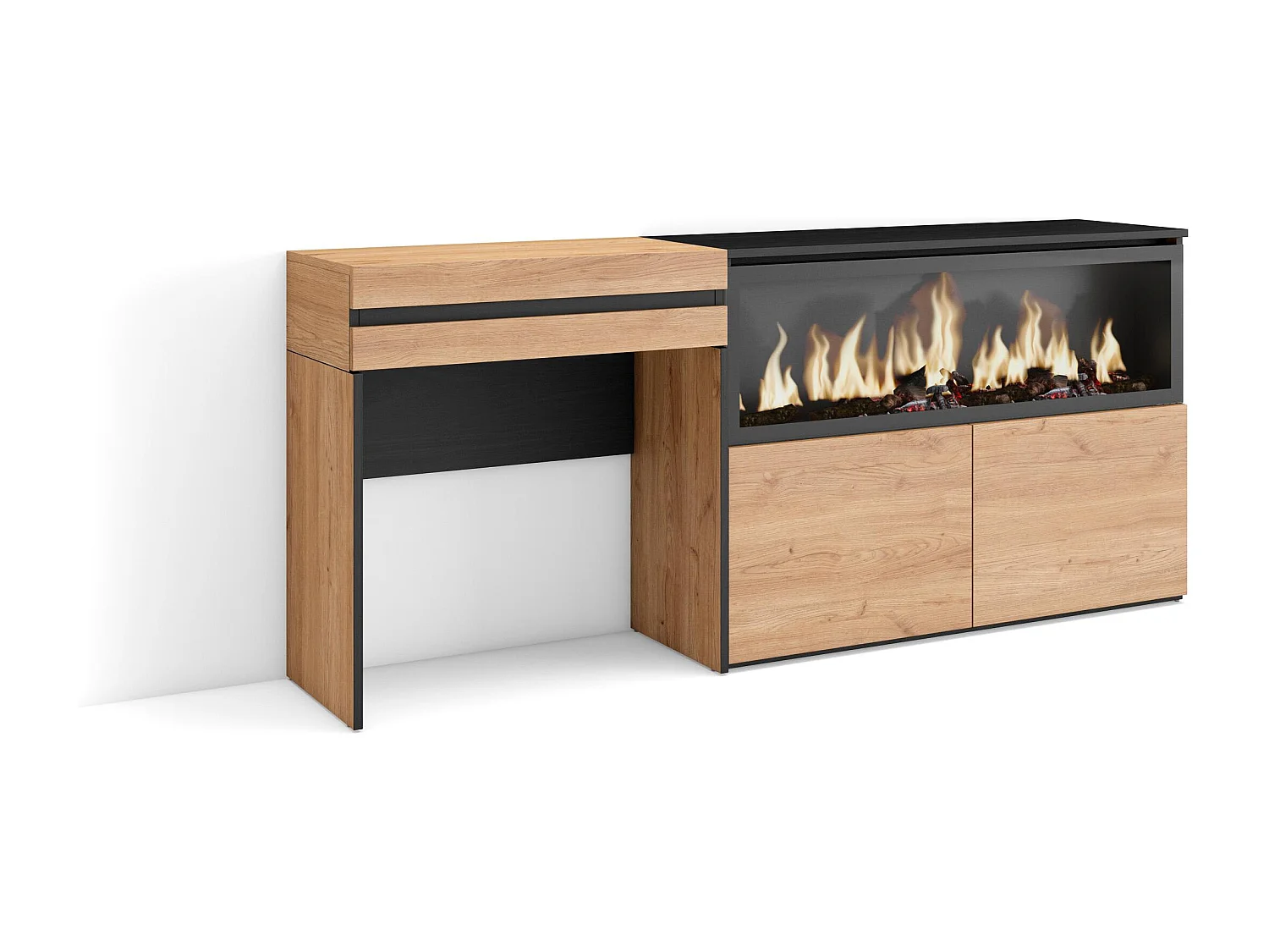 Schminktisch, 177x35x75cm, mit Schublade, Elektrokamin XXL, Eiche