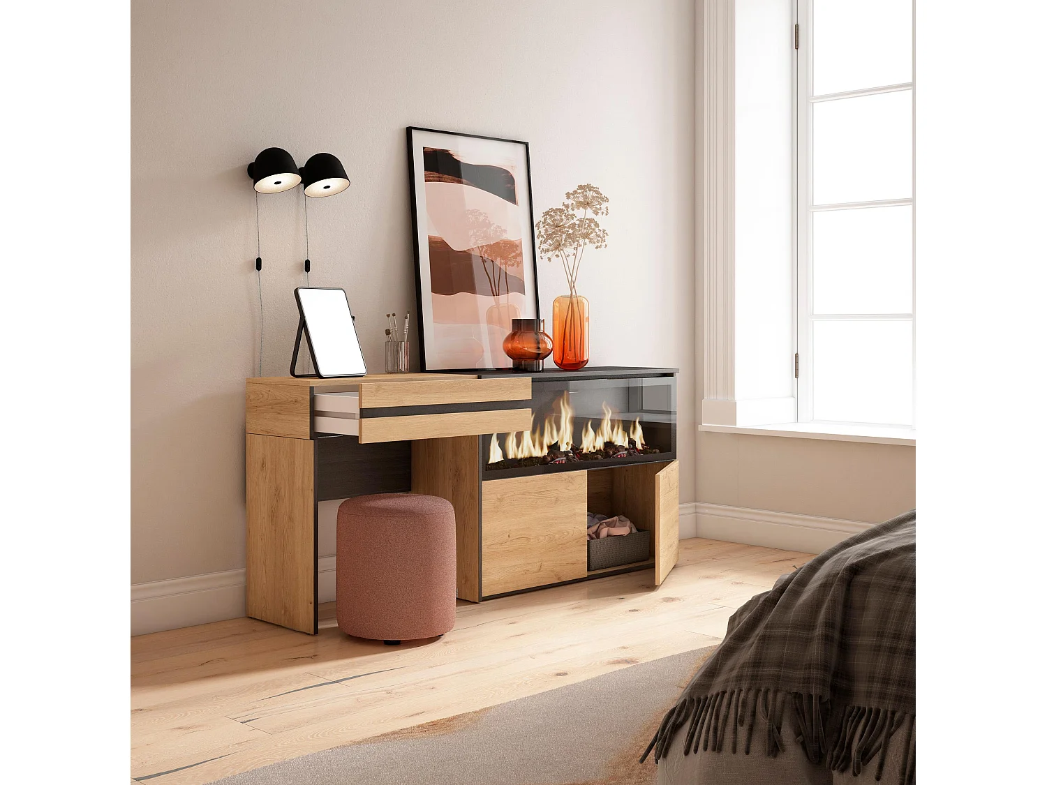 Schminktisch, 177x35x75cm, mit Schublade, Elektrokamin XXL, Eiche