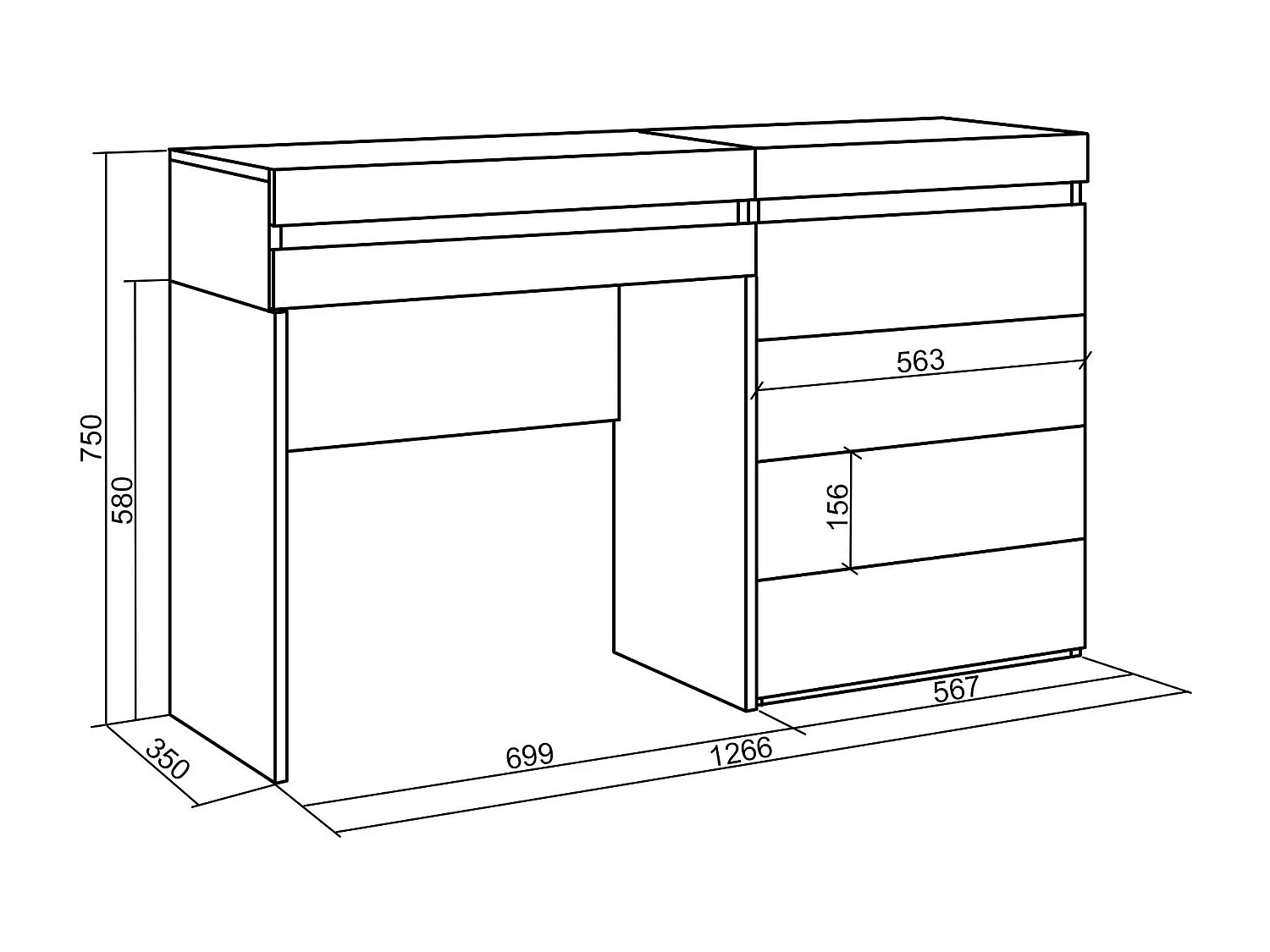 Tocador, 127x35x75cm, Con cajón, Cómoda, Cajonera, Roble