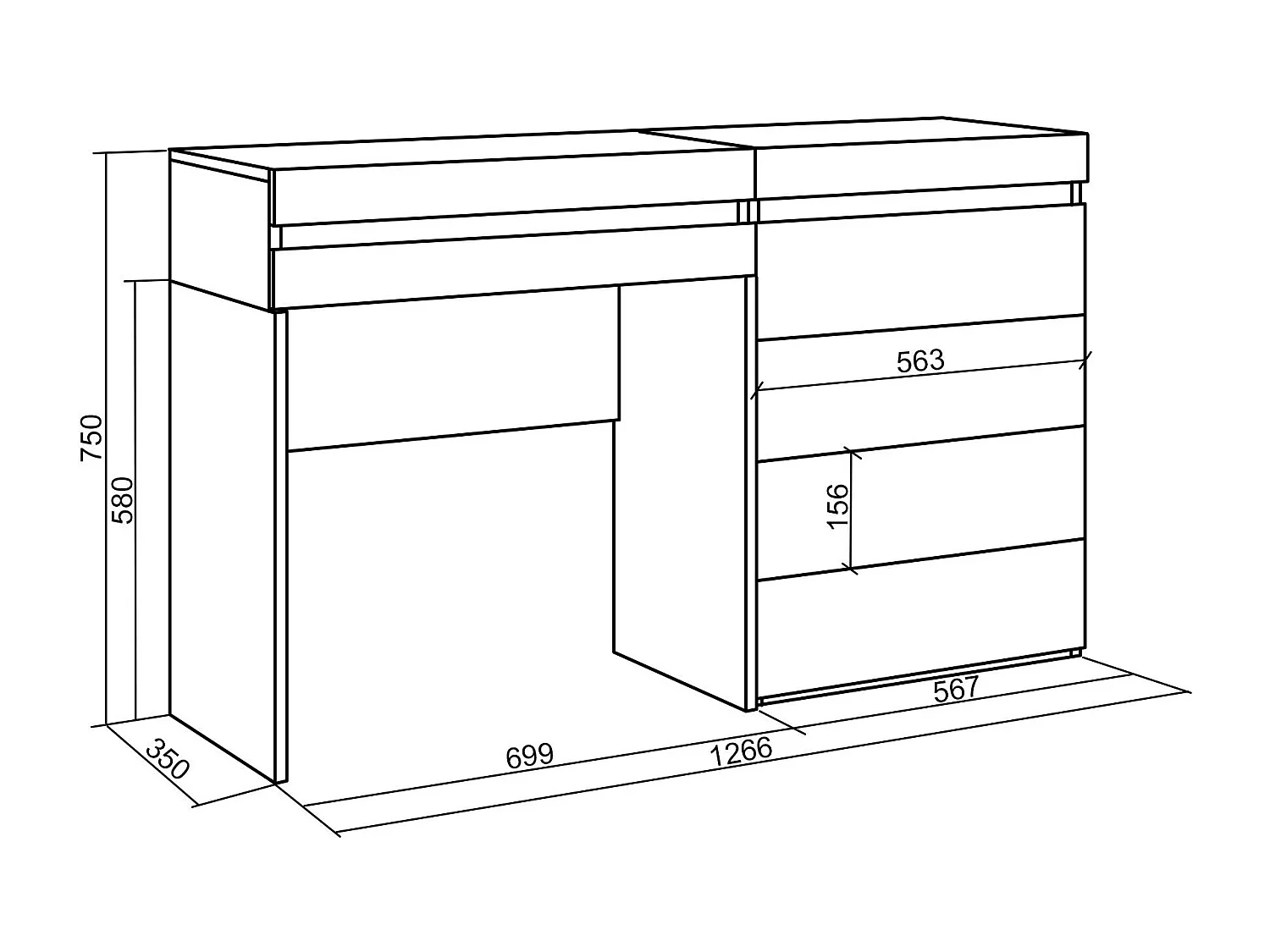 Coiffeuse, 127x35x75 cm, Avec tiroir, Commode, Buffet, Chêne