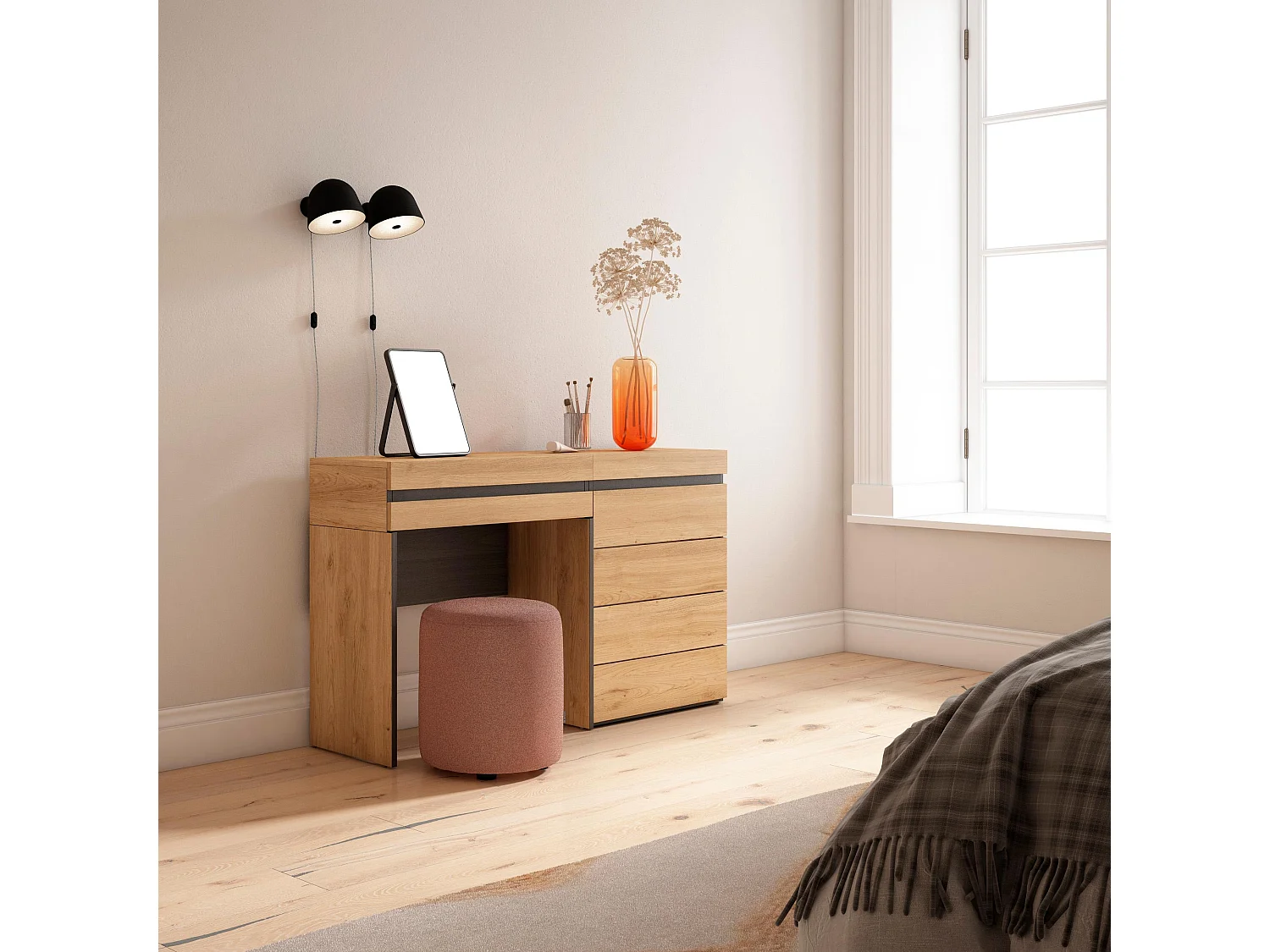 Coiffeuse, 127x35x75cm, avec tiroir, Commode, Buffet, Chêne